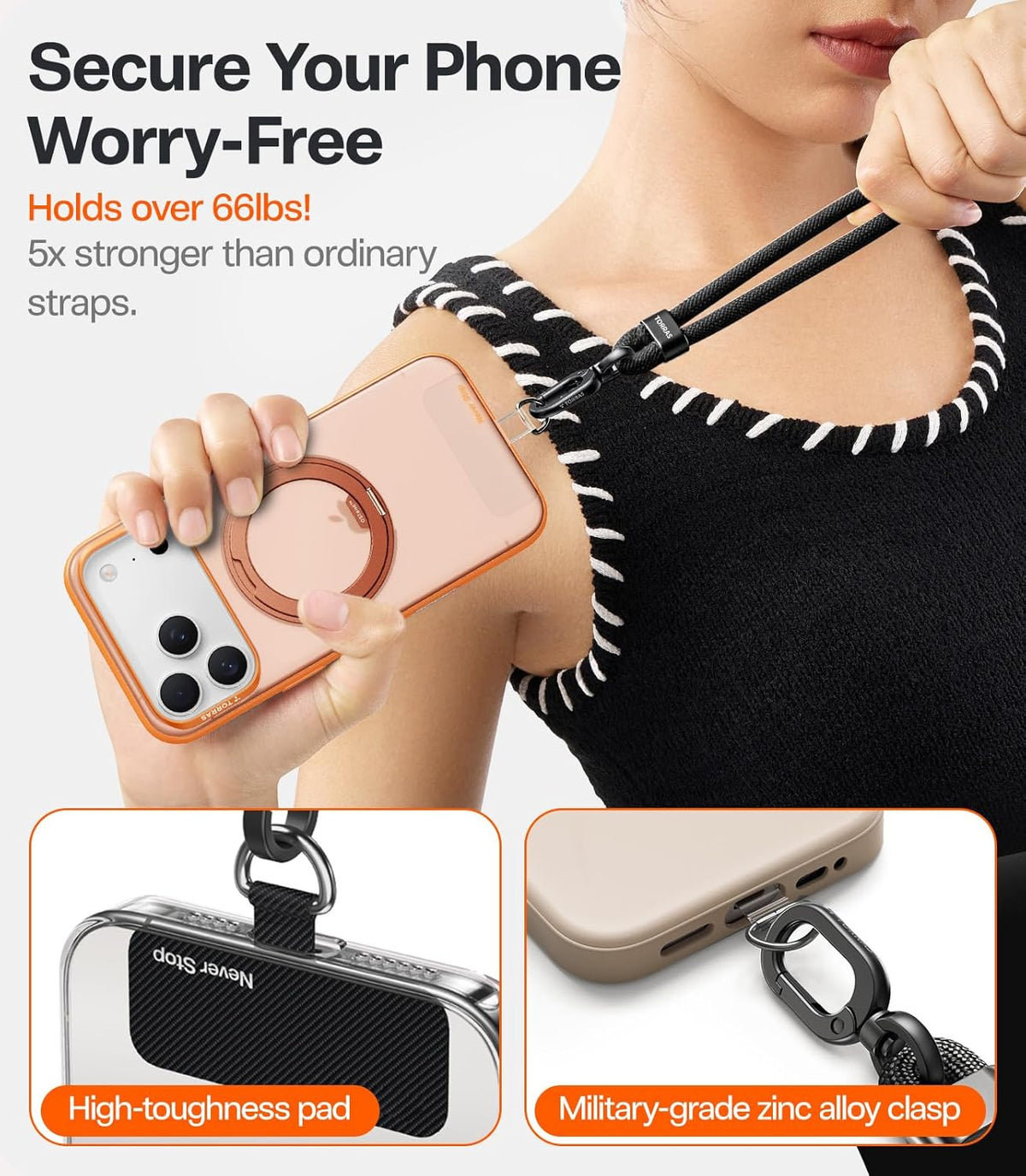 TORRAS Phone Lanyard Crossbody with 2 Phone Tabs, Adjustable Anti Theft Phone Strap for All Phones, Premium Metal Buckles, Skin-Friendly, Universal Cell Phone Neck lanyard for Travel Essentials, Black