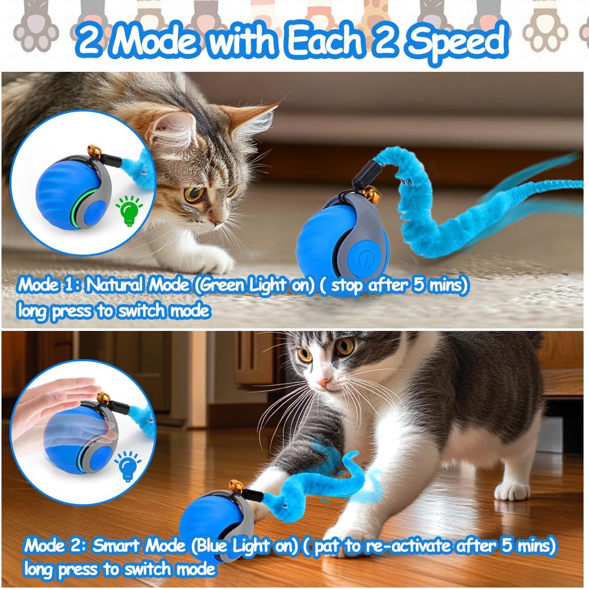 Interactive Cat Toy Ball - Speedy Cat Toys for Indoor Cats with Feather Tails for Chasing, Moving Stimulation Smart Cat Toy for Enrichment, Motion Activated Automatic Rolling Toys to Keep Them Busy