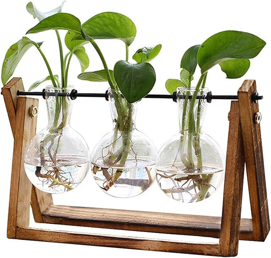 XXXFLOWER Plant Terrarium with Wooden Stand, Air Planter Bulb Glass Vase Metal Swivel Holder Retro Tabletop for Hydroponics Home Garden Office Decoration - 3 Bulb Vase - Cart Shape