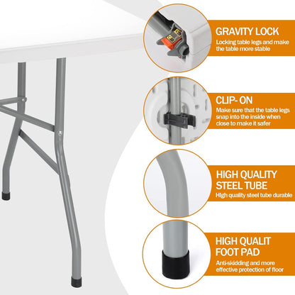 6ft Folding Table - Heavy Duty Portable Table for Parties, Camping & BBQs, Folds in Half for Easy Storage, No Assembly Required, White