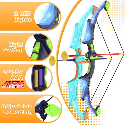 2 Pack Kids Bow and Arrow Set with LED Flash Lights, 14 Suction Cup Arrows and Fluorescence Standing Target-Perfect Indoor and Outdoor Game Archery Set Toy Gift for 4 5 6 7 8-12 Year Old Boys
