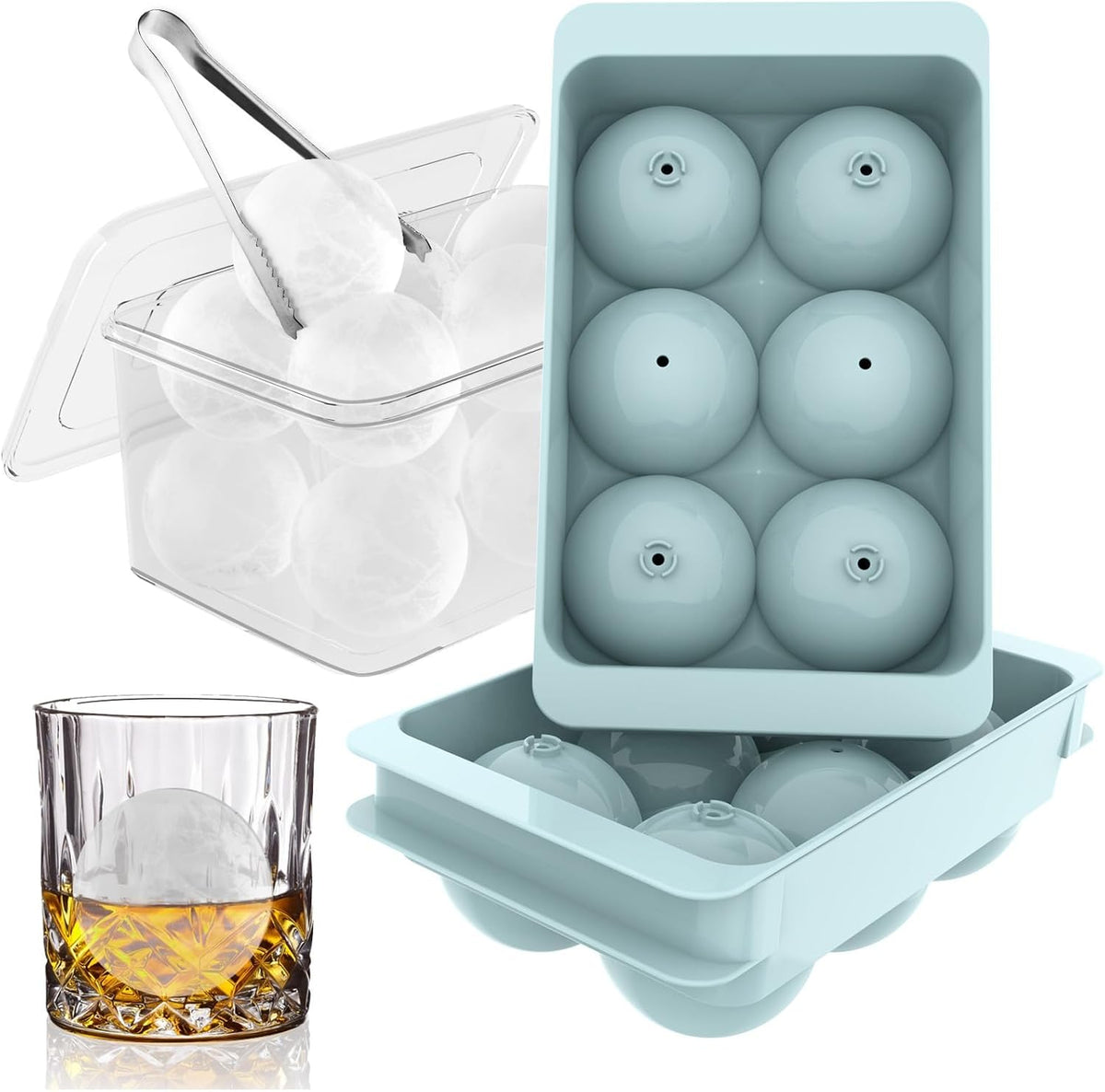 WIBIMEN Large Ice Cube Molds, Big Round Whiskey Ice Cube Trays for Freezer, Easy to Fill & Release, Whiskey Bourbon Cocktail(1.9In*6 Balls- Blue/2 Pack)