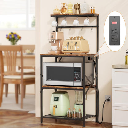 Kitchen Bakers Rack with Power Outlet, Small Coffee Bar Cart 4 Tiers, Microwave Stand Station with 8 S Hooks, Adjustable Shelf, Freestanding Kitchen Appliance Organizer, Rustic Brown
