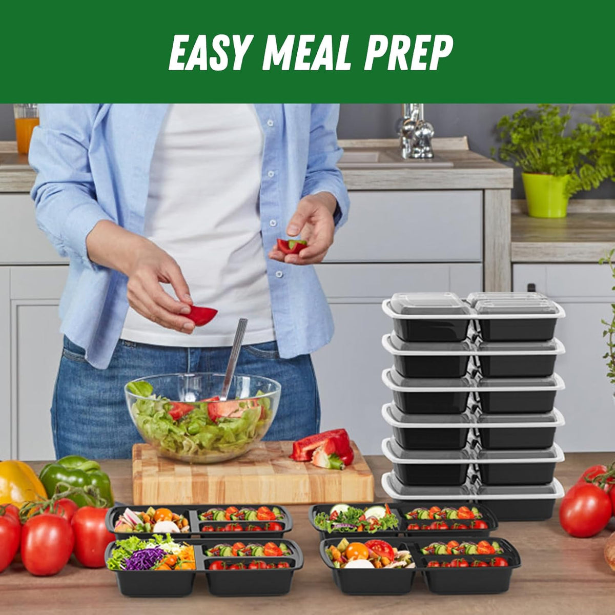 50 Pack (100-Piece) 32 oz Meal Prep Containers Reusable with Lids 3-Compartment, To Go Take Out Plastic Food Storage Containers, Sturdy Leakproof Food Safe, Microwave Freezer Dishwasher Safe, Black
