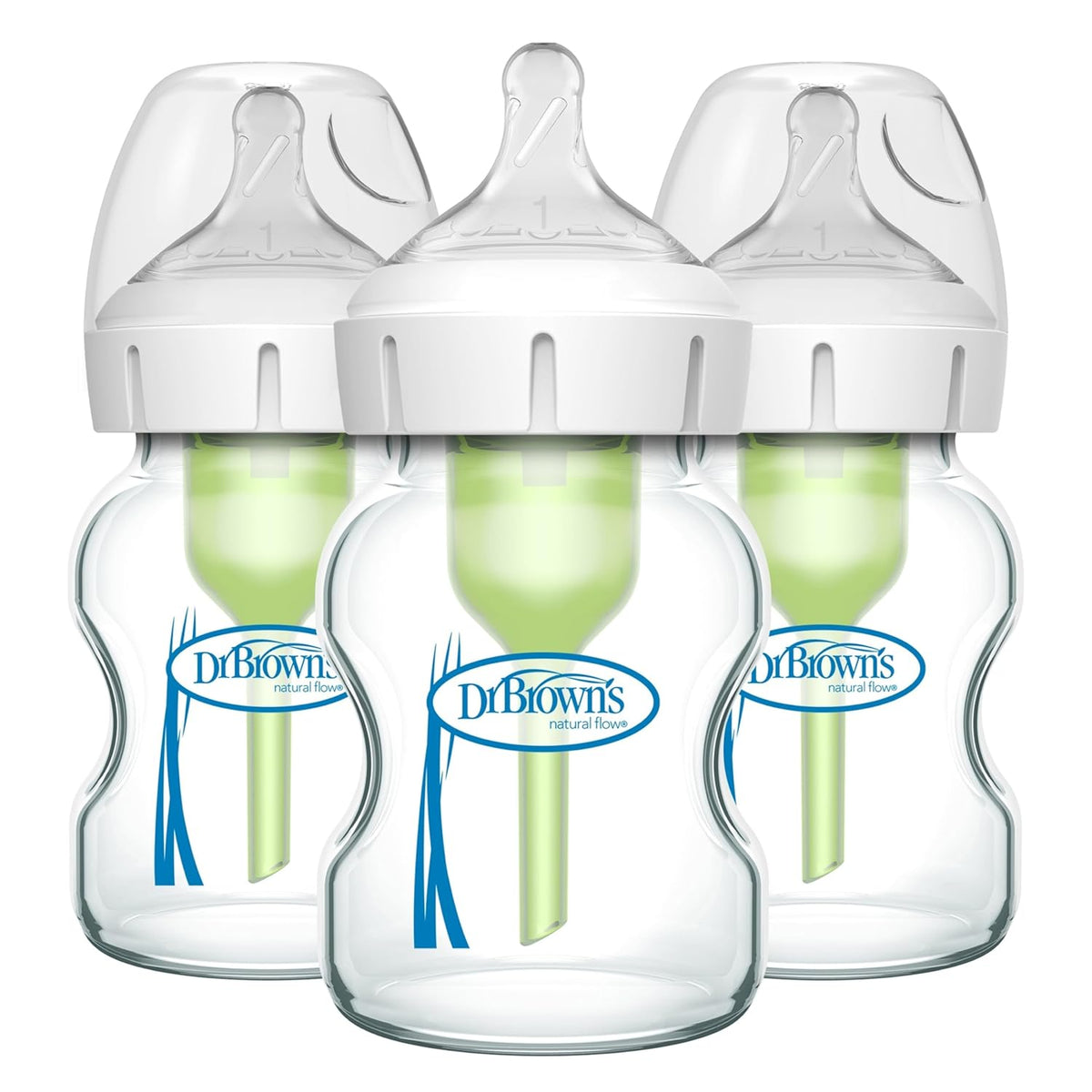 Dr. Brown's Natural Flow Anti-Colic Options+ Wide-Neck Glass Baby Bottles 5 oz/150 mL, with Level 1 Slow Flow Nipple, 3 Pack, 0m+