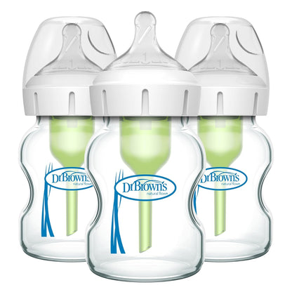 Dr. Brown's Natural Flow Anti-Colic Options+ Wide-Neck Glass Baby Bottles 5 oz/150 mL, with Level 1 Slow Flow Nipple, 3 Pack, 0m+