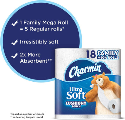 Charmin Ultra Soft Cushiony Touch Toilet Paper, 18 Family Mega Rolls = 90 Regular Rolls