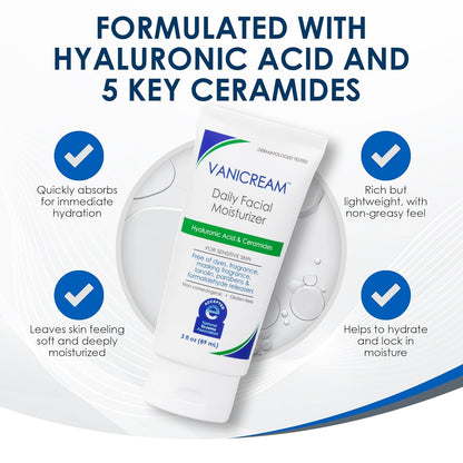 Vanicream Daily Facial Moisturizer With Ceramides and Hyaluronic Acid - Formulated Without Common Irritants for Those with Sensitive Skin, 3 fl oz (Pack of 1)