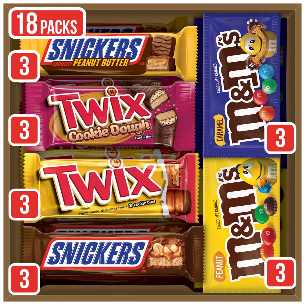 MARS M&M'S Peanut, M&M'S Caramel,SNICKERS Original,SNICKERS Peanut Butter Squared, TWIX Original and Cookie Dough Variety Pack Full Size Individually Wrapped Milk Chocolate Candy Bars,18 Ct