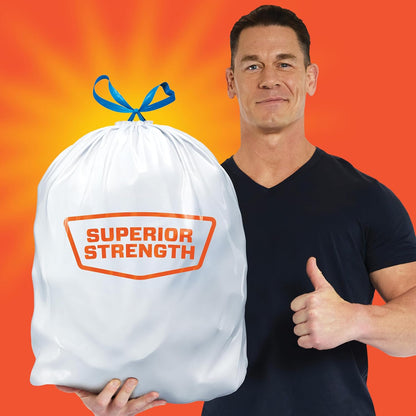 Hefty Strong 13 Gallon Trash Bags, Tall Kitchen Trash Bags, UnscentedLarge Trash Bags with Drawstrings, Durable Closure, Resists Leaks, Punctures, and Tears, White, Unscented, 90 Bags