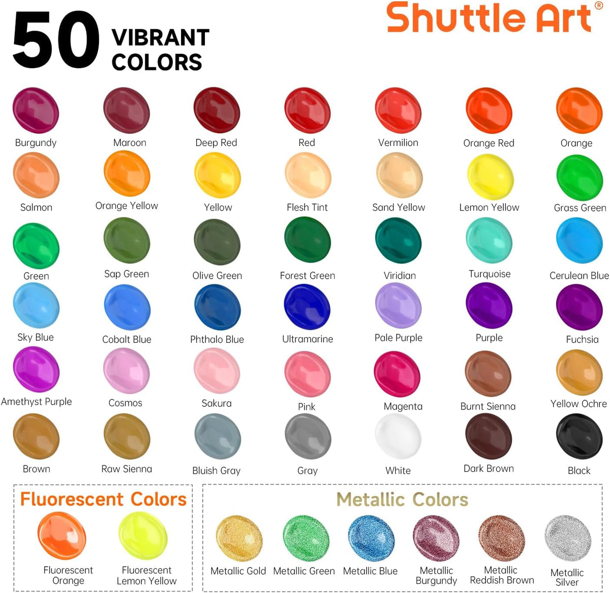 Shuttle Art Acrylic Paint, 50 Colors Acrylic Paint Set, 2oz/60ml Bottles, Rich Pigments, Water Proof, Premium for Artists, Beginners and Kids on Canvas Rocks Wood Ceramic Fabric