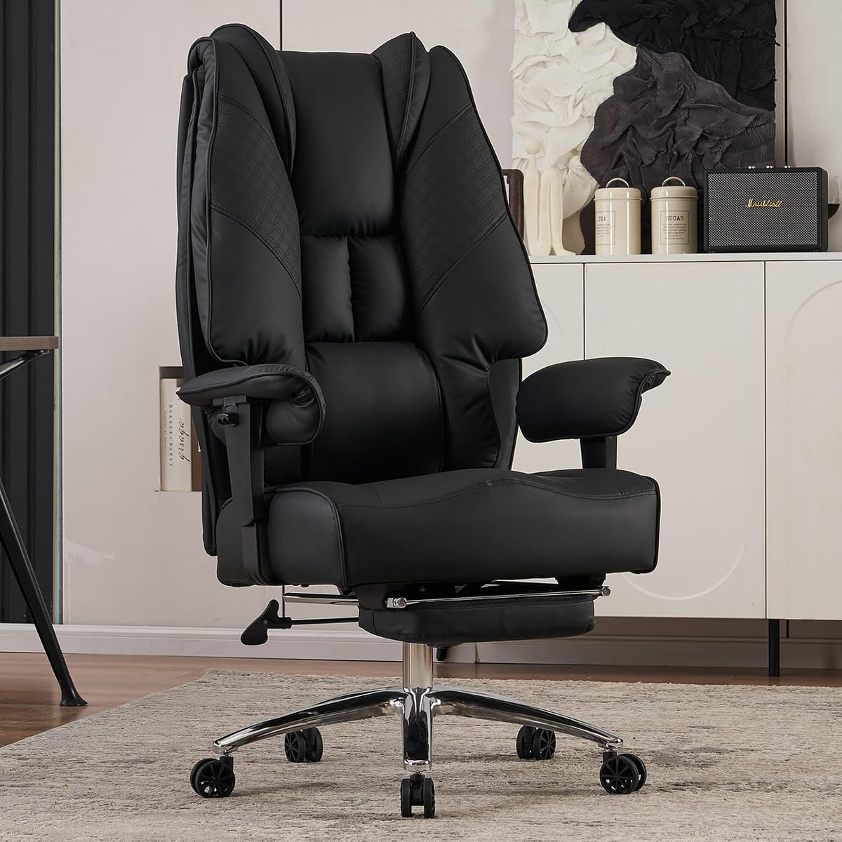 Big and Tall Office Chair 400lbs Wide Seat, Leather High Back Executive Office Chair with Foot Rest, Ergonomic Chairs Lumbar Support for Lower Back Pain Relief (Black)