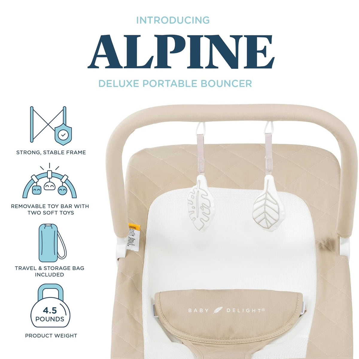 Baby Delight Alpine Deluxe Portable Bouncer, Infant, 0-6 Months, 100% GOTS Certified Cotton Fabrics, Organic Oat