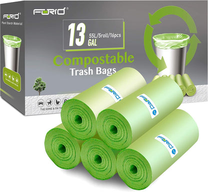 Compostable Trash Bags - FORID 13 Gallon Tall Kitchen Garbage Bags 80 Count Unscented Trash Can Liners 55 Liter Medium Wastebasket Bags for Bathroom Home Bedroom Office Garbage Can (5Rolls/Green)