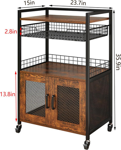 Coffee Bar Cabinet, 3 Tier Coffee Station Table on Wheels, 35.9" H Bar Cart with Wire Basket Drawer & 5 Hooks for Home Kitchen, Liquor Buffet Sideboard Cabinet (Rustic Brown)
