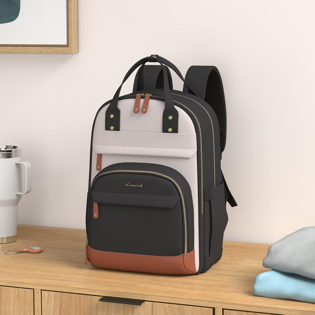 LOVEVOOK Backpack for Women, Fits 15.6 Inch Laptop Bag, School Backpacks, Fashion Travel Work Anti-theft Bag, Business Computer Waterproof College Backpack Purse, Beige-Black-Brown