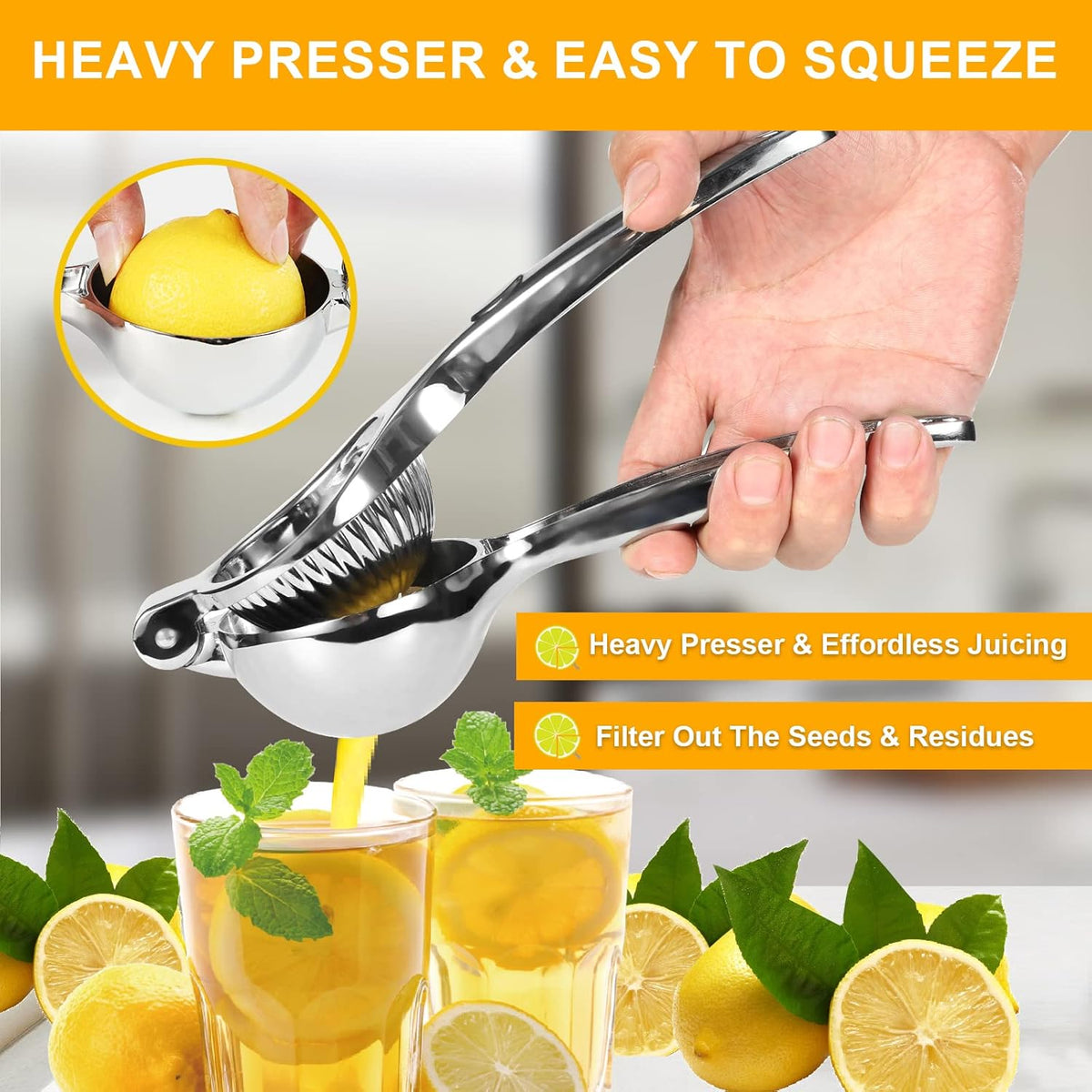 TEZZ Premium Lemon Squeezer, Large Heavy Duty Handhelp Juicer for Lemon, Metal Hand Press Citrus Juicer, Lime Squeezer Bar Tool, Manual Citrus Press