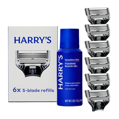 Harry's Original Shaving Kit for Men - 6 Razor Blade Refills, Foaming Shave Gel - German Engineered