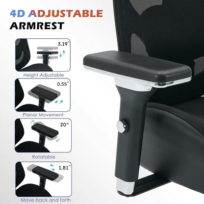 BOSMILLER 700lbs Big and Tall Office Chair with Wide Thick Seat Cushion for Sitting All Day,Ergonomic Mesh Desk Chair with Adjustable Lumbar Support for Heavy People,4D Armrests