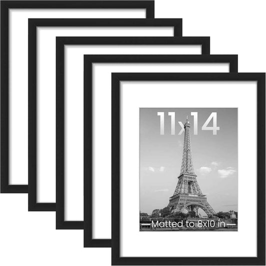 upsimples 11x14 Picture Frame Set of 5, Display Pictures 8x10 with Mat or 11x14 Without Mat, Wall Gallery Photo Frames, Black