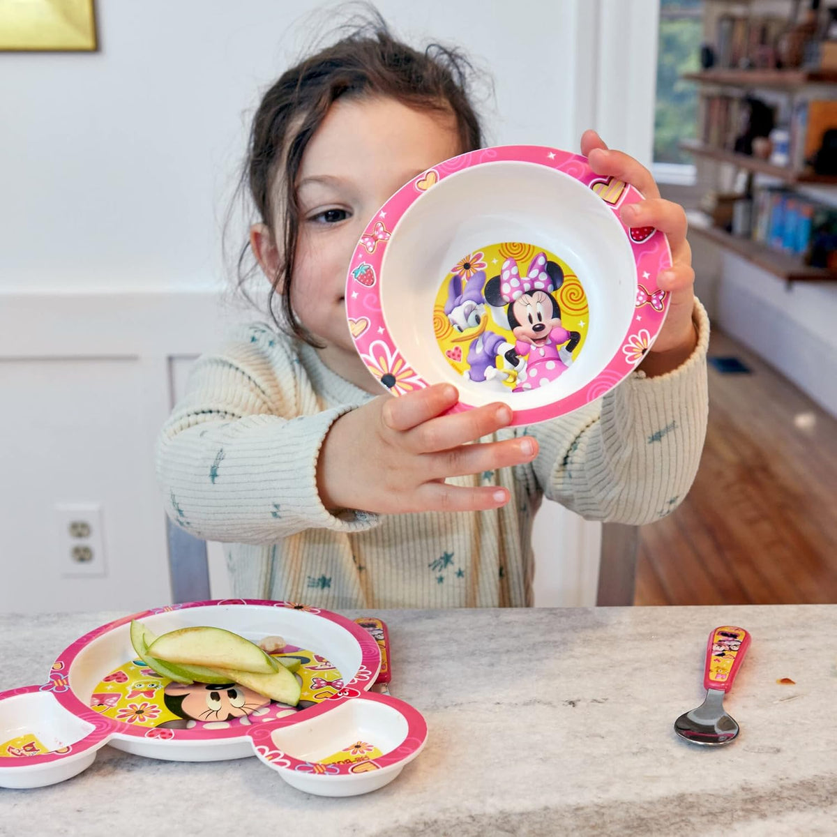 The First Years Disney Minnie Mouse Dinnerware Set - Toddler Plates and Toddler Utensils- 4 Piece Set