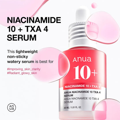 Anua Niacinamide 10 + TXA 4 Serum, Dark Spot Care, Hyaluronic Acid, Tranexamic Acid, Lightweight & Hydrating All-in-One Daily Facial Serum for Glass Skin, Korean Skincare, 1.01 fl.oz