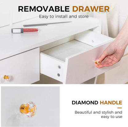 COMHOMA Makeup Vanity Desk with Mirror and Lights, Vanity Table and Chair Set with 5 Drawers and Charging Station, Bedroom Dresser LED Mirror Stepless Dimmable & 3 Color Modes Adjustable, White