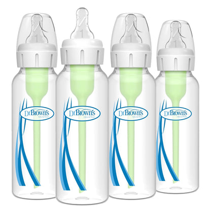 Dr. Brown's Natural Flow Anti-Colic Options+ Narrow Baby Bottle, 8 oz/250 mL, with Level 1 Slow Flow Nipples, 0m+, 4 Pack