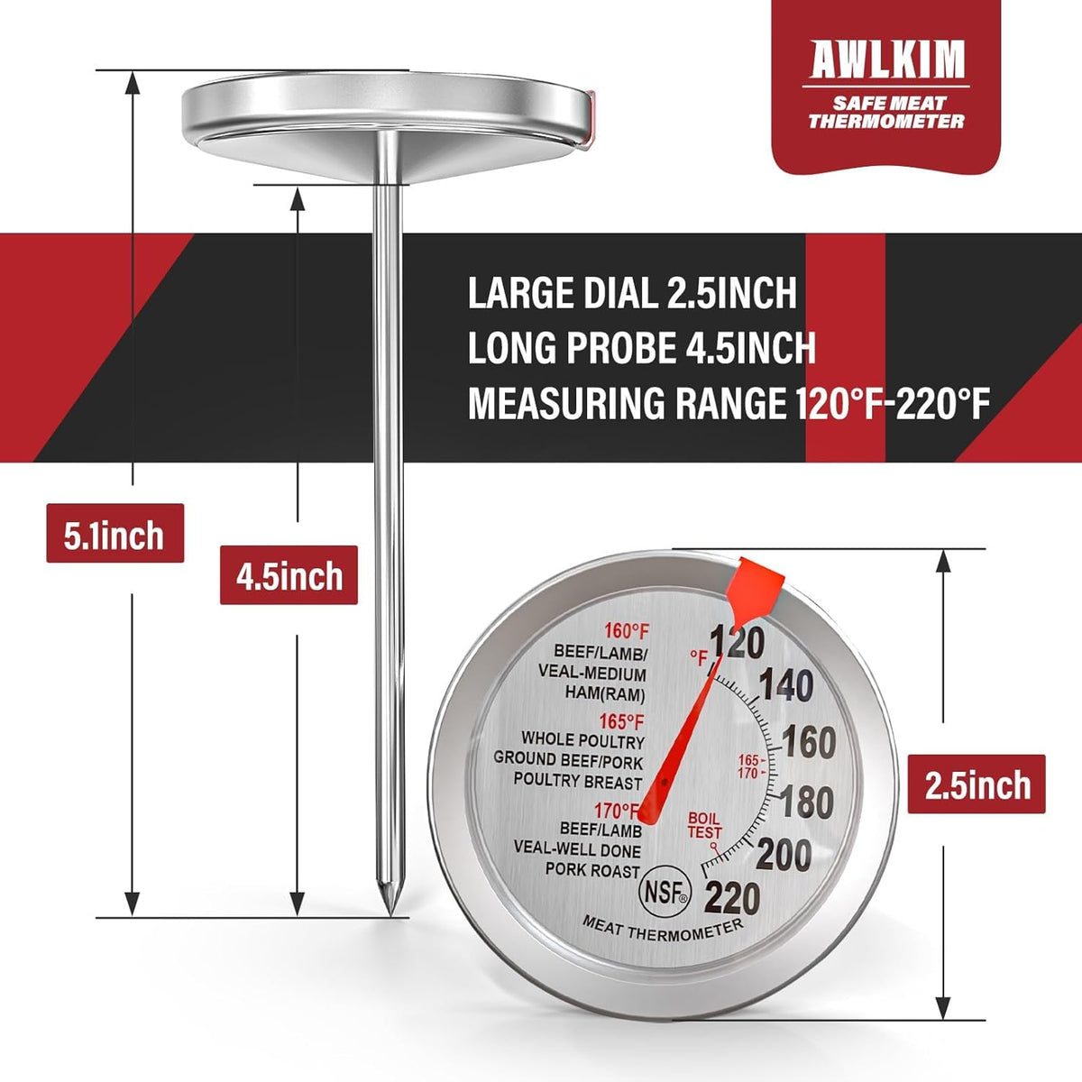 2 Pack Stainless Steel Meat Thermometer, Safe Leave in Oven, 2.5-in Extra-Large Dial Food Thermometer for Cooking, Temperature Probe for Baking, Steak, Turkey - Kitchen Gadgets - Silver