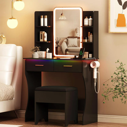 Vanity Desk with LED Lights Mirror & Power Outlet, Small Makeup Vanity Table Set with Storage Drawers & Chair, 3 Lighting Modes & Adjustable Brightness, Dressing Table for Women Girls Bedroom, Black