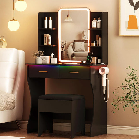 Vanity Desk with LED Lights Mirror & Power Outlet, Small Makeup Vanity Table Set with Storage Drawers & Chair, 3 Lighting Modes & Adjustable Brightness, Dressing Table for Women Girls Bedroom, Black