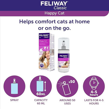 FELIWAY Classic Cat Calming Spray, 60ml - Comforts Cats at Home and On the Go and Helps to Calm During Travel