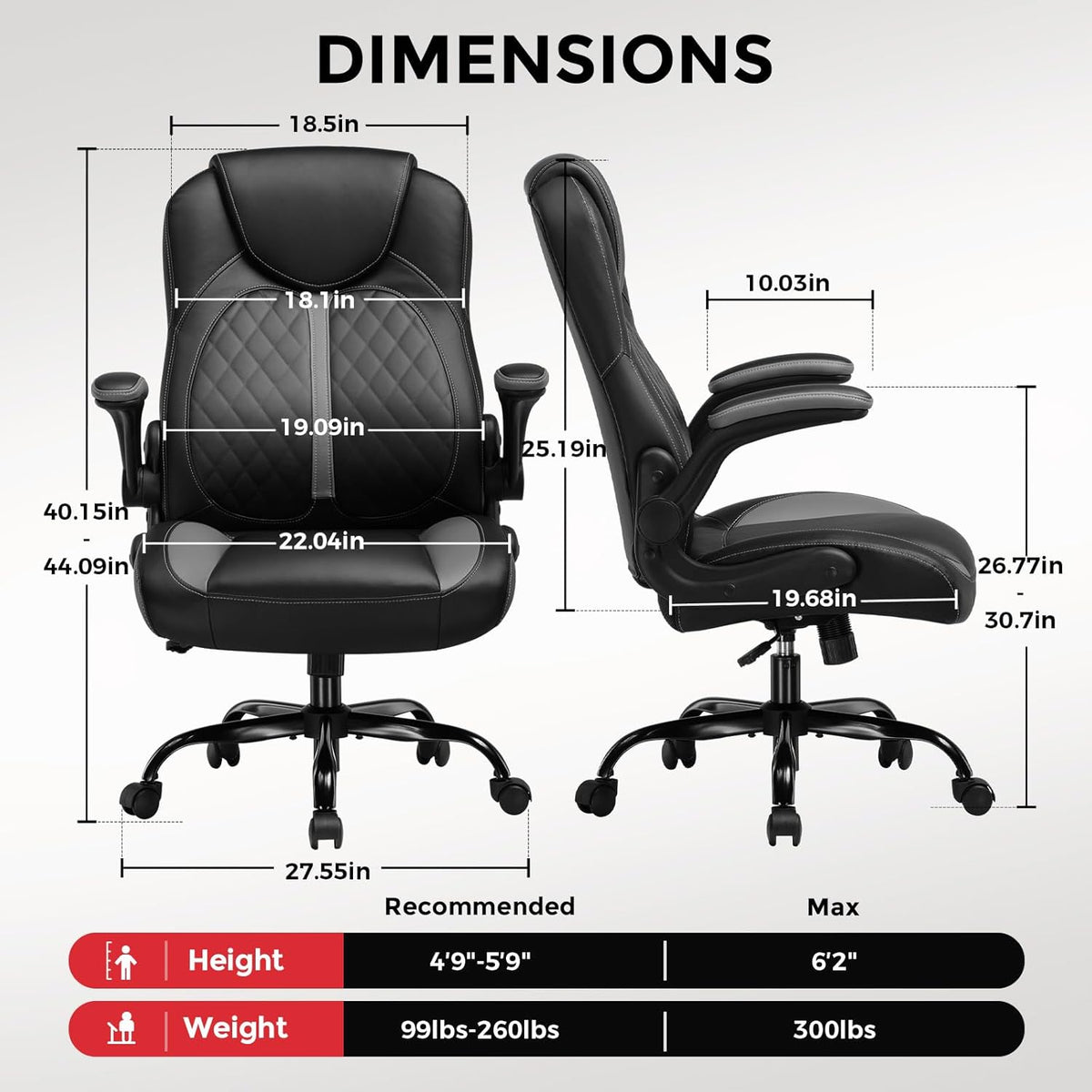 GTRACING Office Computer Gaming Chair Ergonomic Desk Chair for Adults with Lumbar Support Flip-Up Arms Adjustable Height Swivel Wheels PU Leather Executive Design for Short People Use, Gray