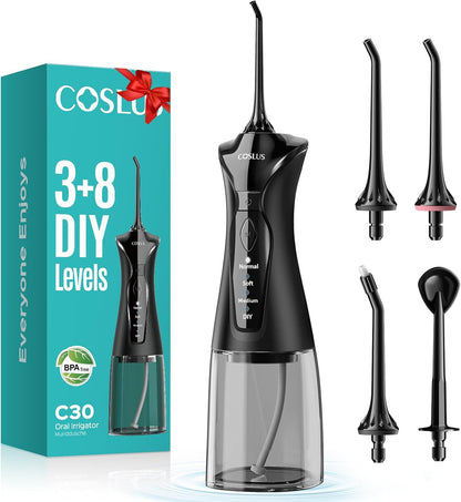 COSLUS Water Dental Flosser Pick for Teeth C30(FC5360): 4 Modes Cordless Portable 300ML Larger Tank Water Teeth Cleaner IPX7 Waterproof Flossing Cleaning Picks for Home Travel Black