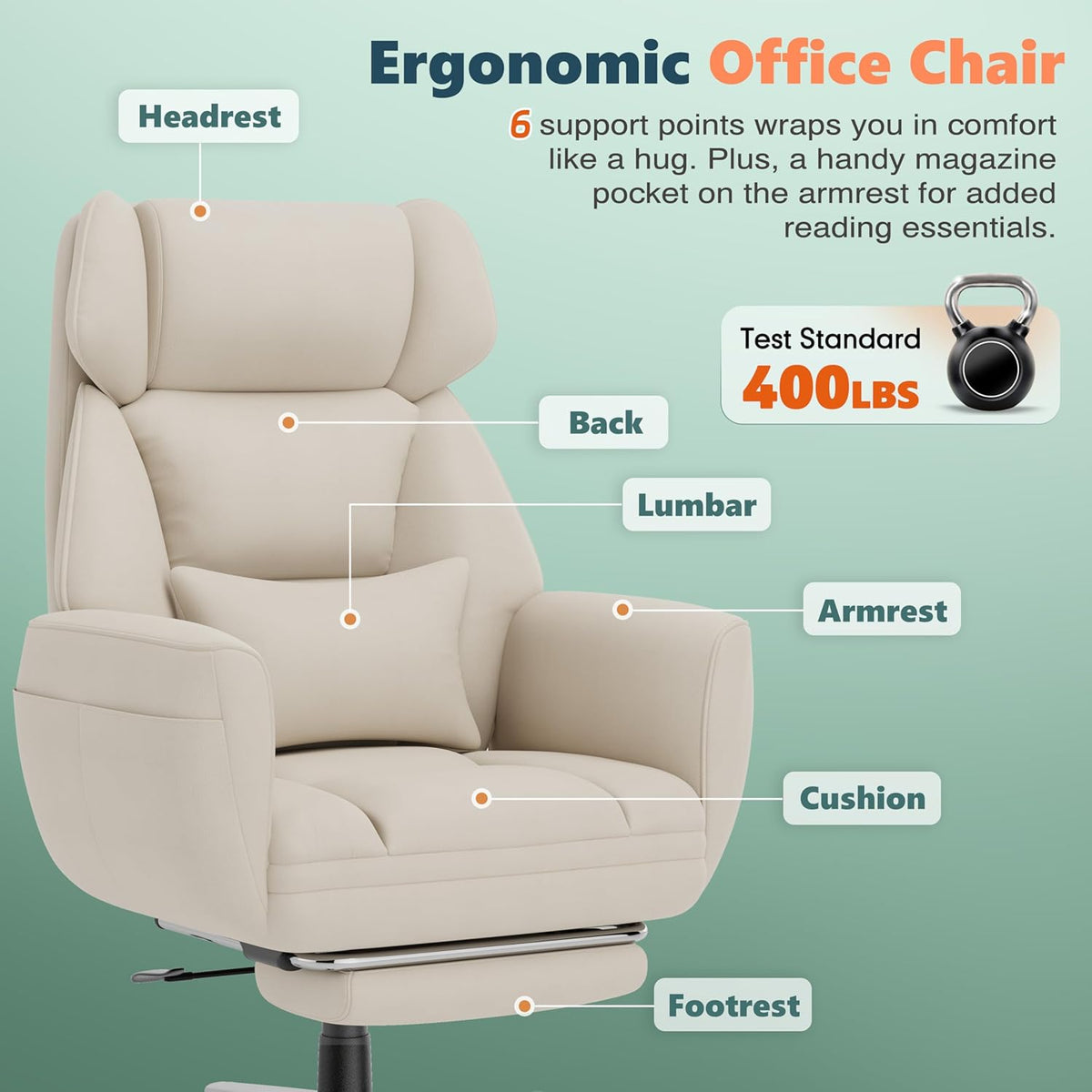 GABRYLLY Office Criss Cross Chair with Footrest, Big and Tall Executive Chair with Wide Seat,Reversible Armrest,Wheels, Lumbar Pillow and 120°Tilt,Computer Desk Chair for Gaming,Meditation,Ivory