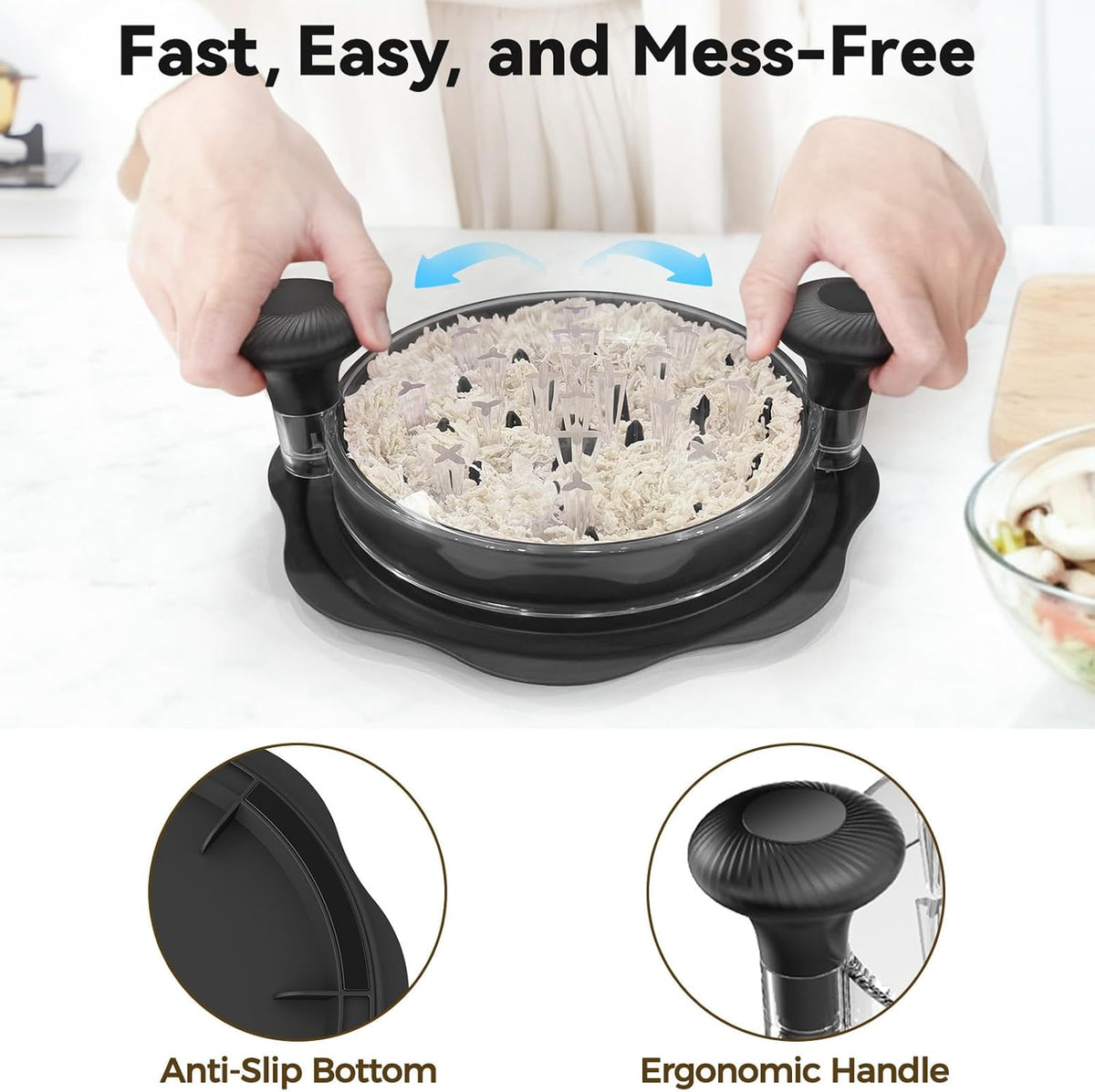 10" Pro Chicken Shredder Tool Twist Large for Kitchen, BPA-Free Food-Safe Meat Grinder, Visible Chicken Breast Meat Shredder with Strong Anti-Slip Bottom & Ergonomic Handle, Black