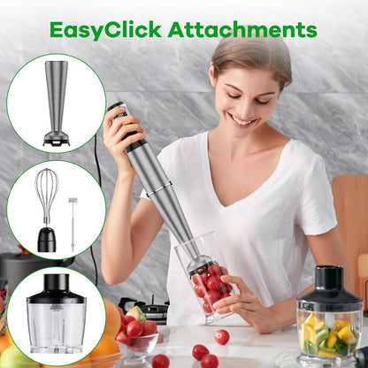 Immersion Blender Handheld Corded Hand Blenders Set 1100W, Trigger Variable Speed 5 in 1 Stick Emulsifier with Chopper, Whisk and Frother for Soup, Baby Food and Smoothies