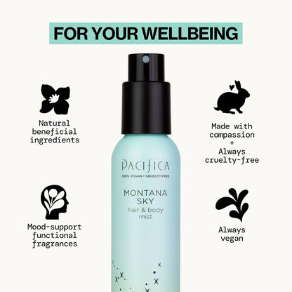 Pacifica Hair Mist Perfume & Full Body Spray for Women - Montana Sky Body Mist Fragrance w/Cedarwood, Elderflower, Black Pepper, Sage & Sandalwood Clean Beauty Alcohol-Free, Vegan & Cruelty-Free 5 oz - Cart Shape
