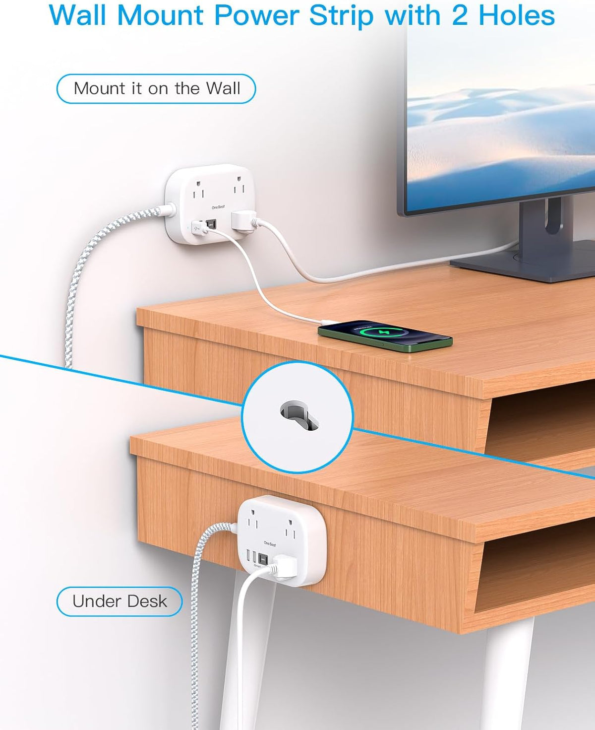 Cruise Essentials 2025,One Beat Travel Power Strip with USB C,Flat Plug Extension Cord with 3 Outlets 4 USB Ports(2 USB C),5 ft Desk Wall Outlet Extender,Non Surge Protector for Cruise,Dorm Room,ETL