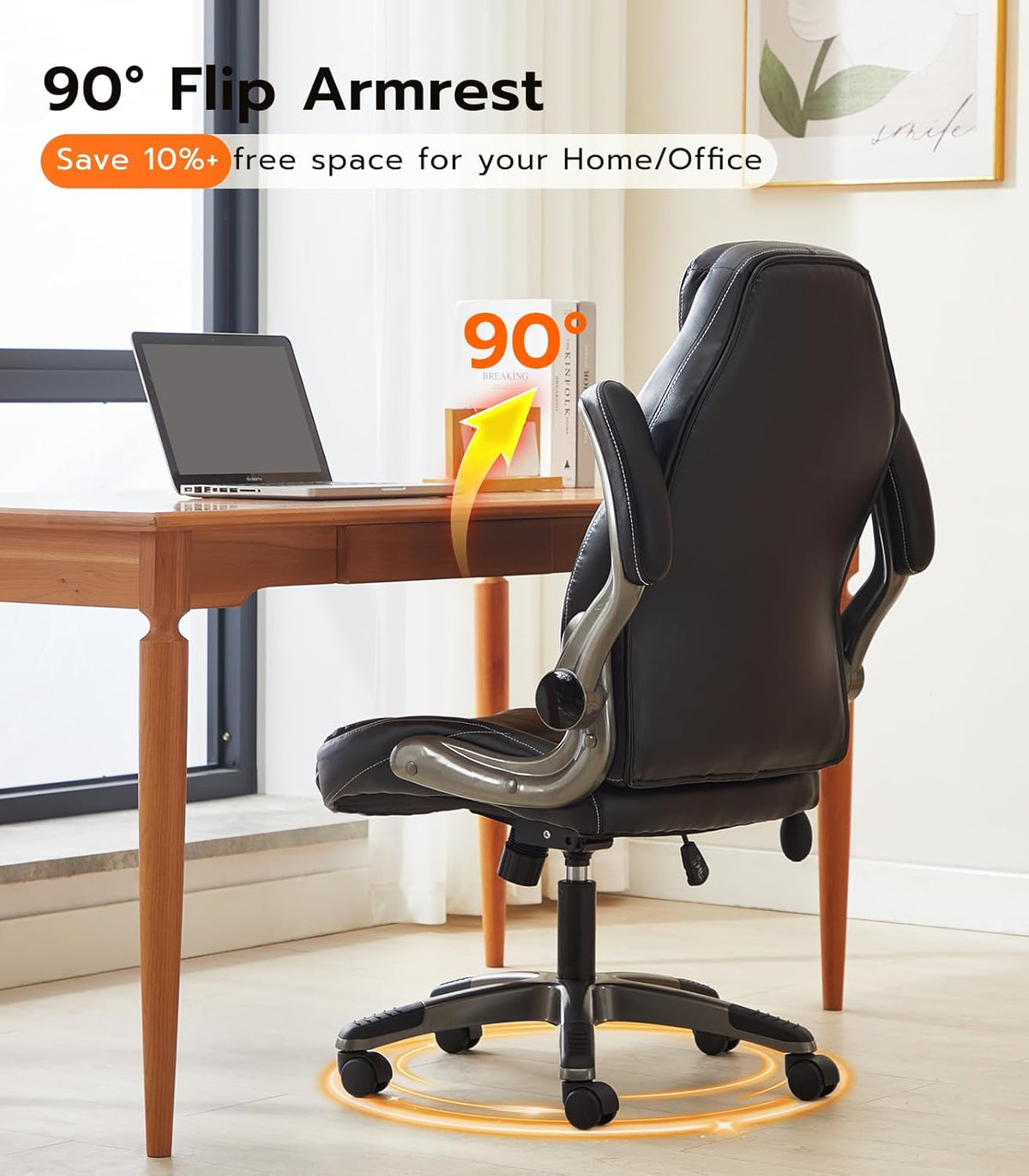 Office Desk Chair, Ergonomic Computer Chair with Padded Flip-Up Arms and Adjustable Lumbar Support, PU Leather Executive Chair with Tilt Lock and 360° Swivel Rolling Wheels for Work, Study