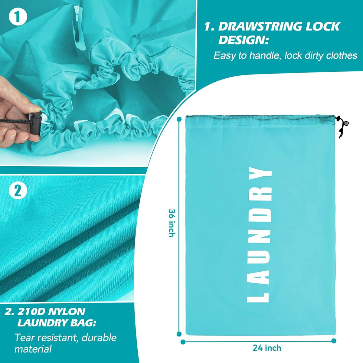 Laundry Bag,2 Pack Travel Laundry Bags for Dirty Clothes,Large Laundry Bags for Camping & Traveling,Dirty Clothes Travel Bag,24" x 36" (Cyan + Gray)