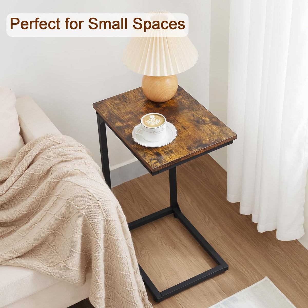 AMHANCIBLE C Shaped Side Table, End Tables Living Room Set of 2, Slide Under Couch Table for Sofa, TV Trays for Bedroom, Small Space, Rustic Brown HET02CBR