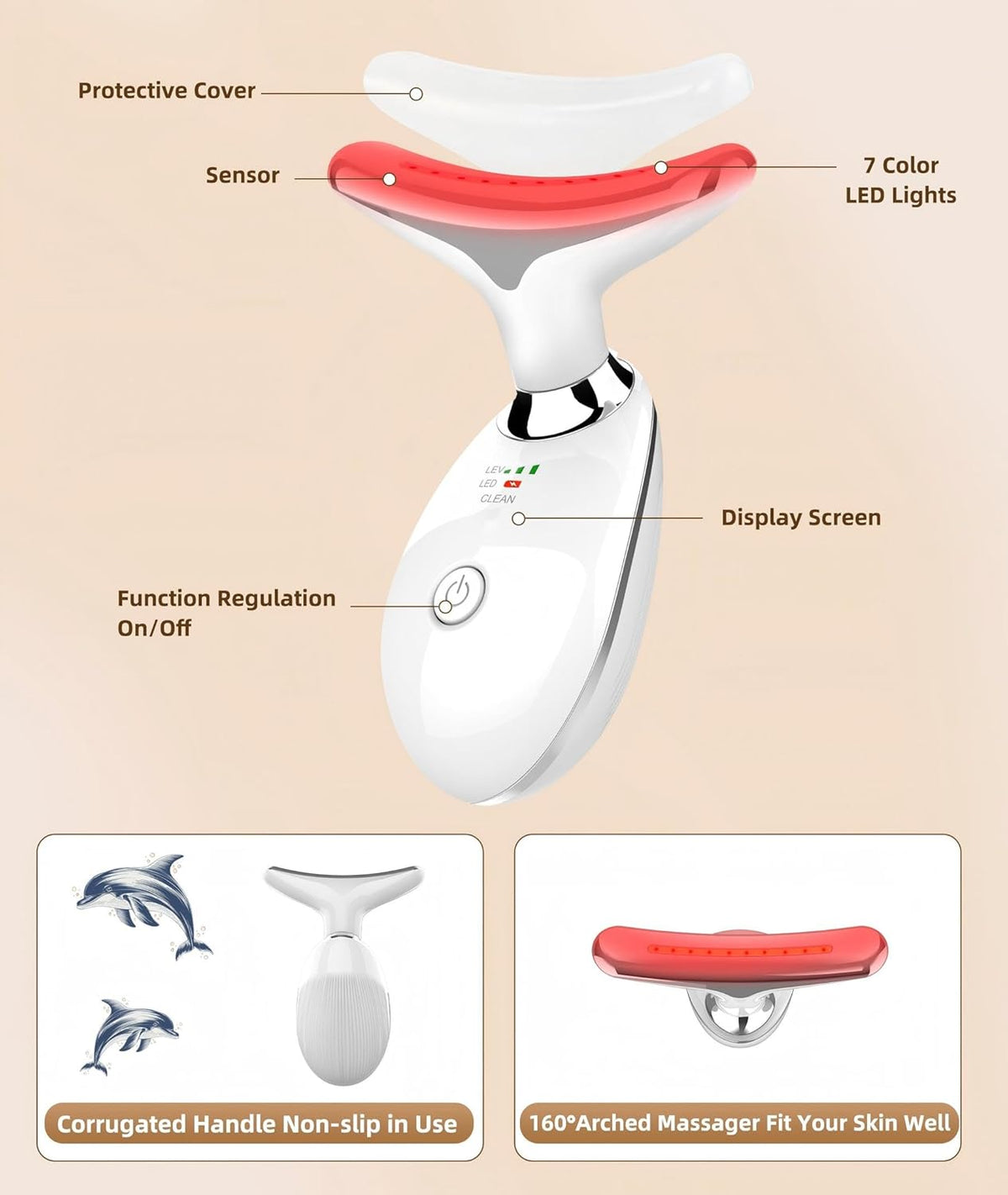 7 Color Face and Neck Massager Light Therapy, Red Light Based Facial Massager for Skin Care, Smoothing, Firming (White)