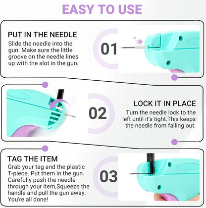 Stitch Gun for Clothes - Handheld Quick Clothing Fixer - Tagging Gun for Clothing, Sewing Kit - Includes 6 Fine Needles, 1000 Black & 1000 White Fasteners (Purple Green)