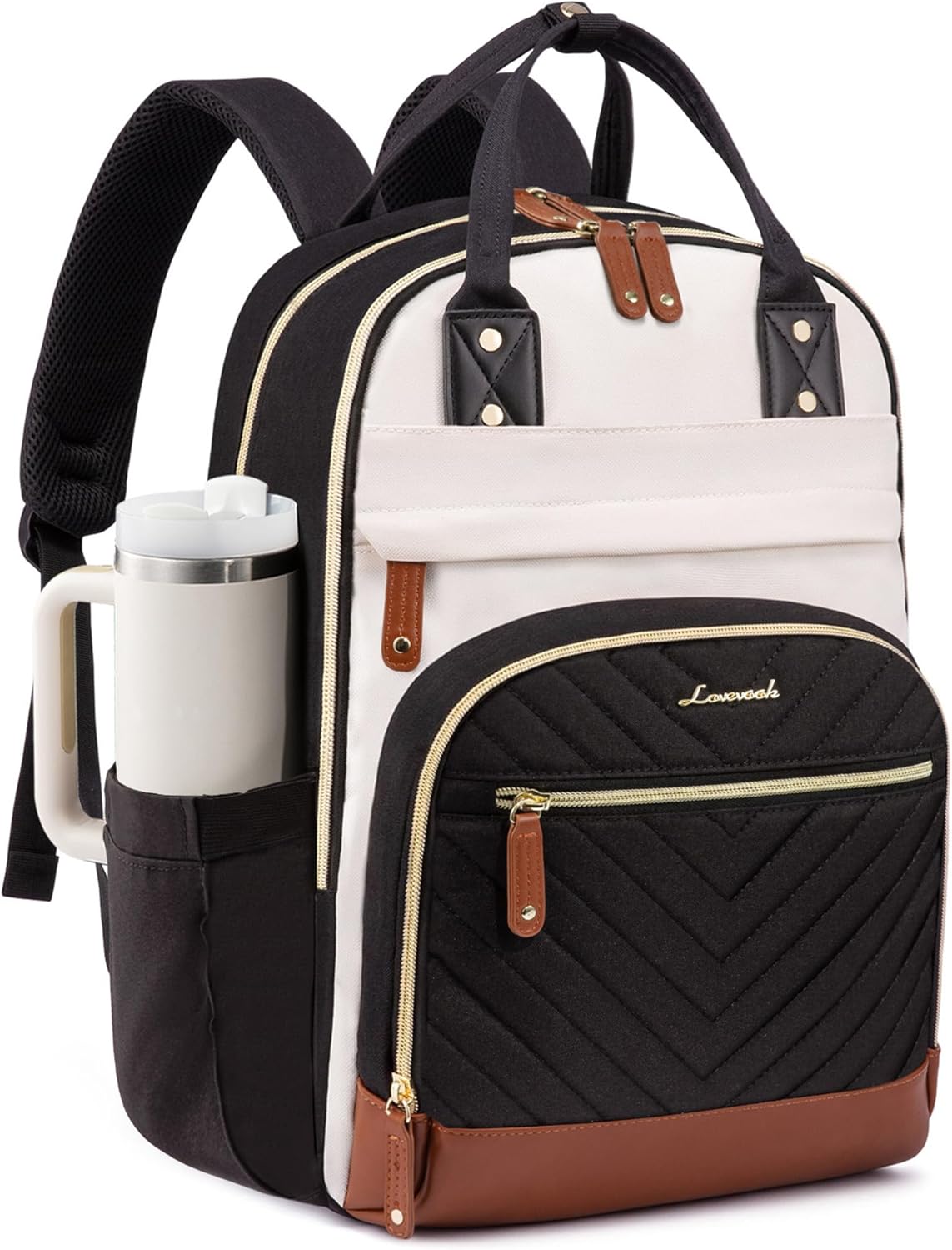 LOVEVOOK Backpack for Women, Fits 15.6 Inch Laptop Bag, School Backpacks, Fashion Travel Work Anti-theft Bag, Business Computer Waterproof College Backpack Purse, Beige-Black-Brown