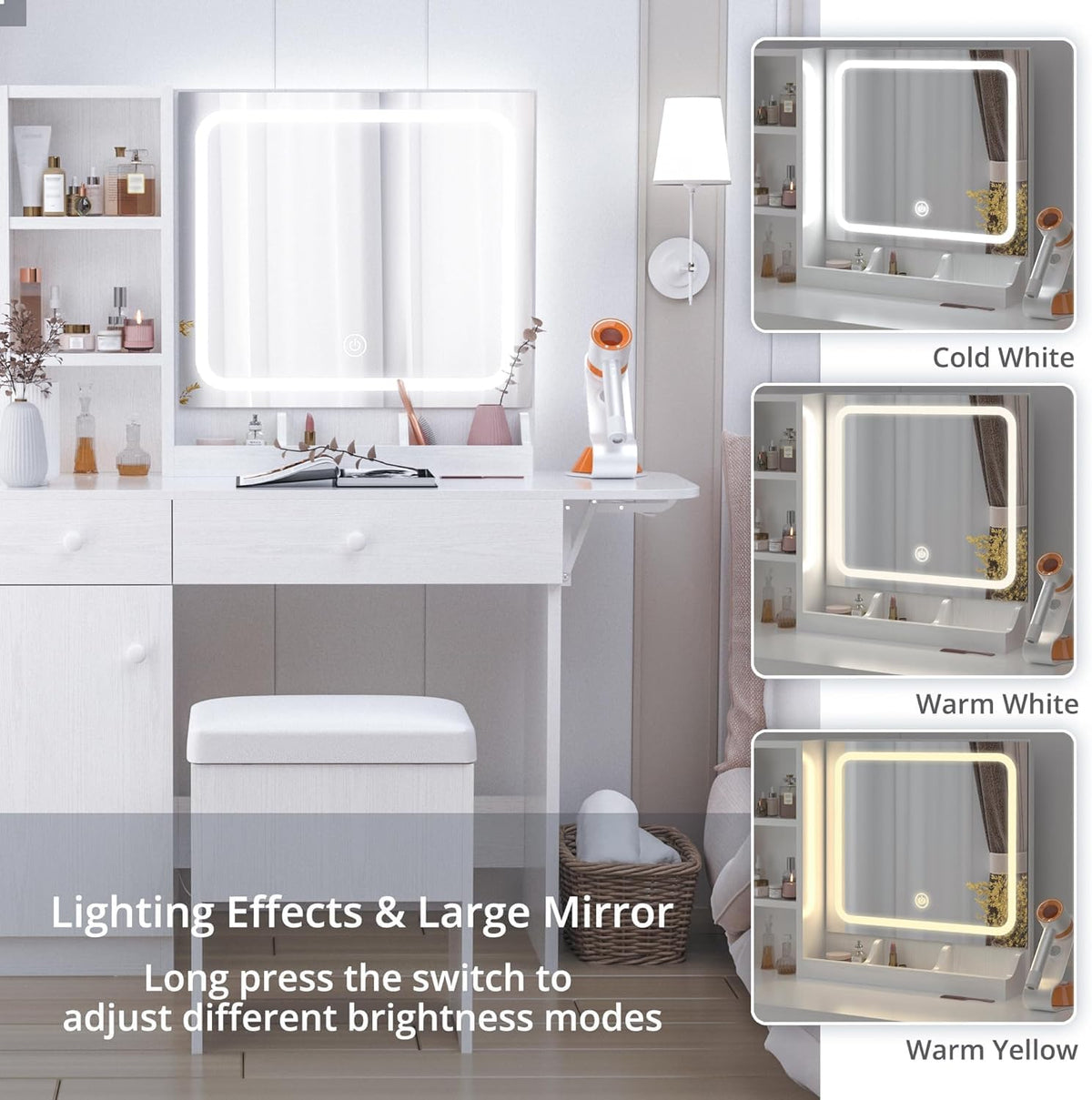 IRONCK Vanity Desk with LED Lighted Mirror & Power Outlet, Makeup Table with Drawers & Cabinet,Storage Stool, White