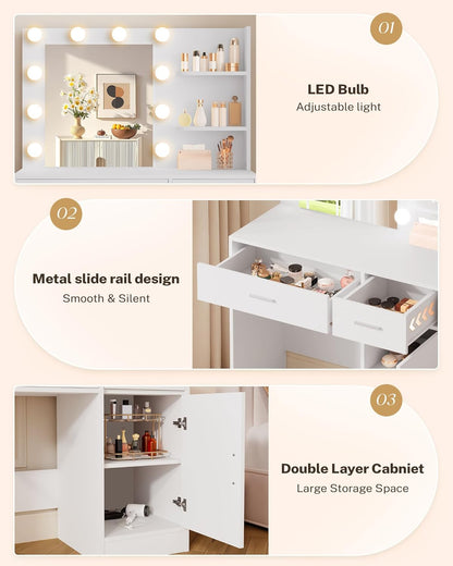 Lighted Makeup Vanity Desk, 35.4“W x 15.7'”D x 54“H, White (with Lights and Mirror, Dimming Function, 2 Drawers and 1 Cabiniet, Open Shelves) by Boahaus