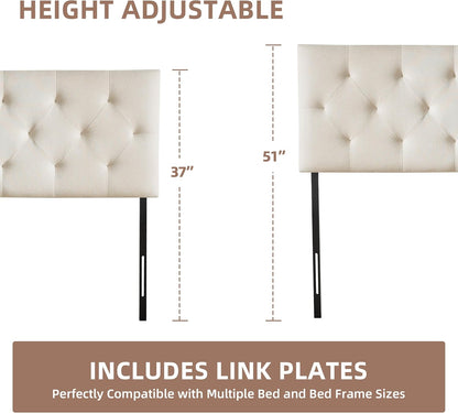 Linen Fabric Upholstered Headboard Queen Size, Modern Diamond Tufting Solid Wood Queen Headboard Only, Adjustable Height from 37” to 51” Head Board, Bed Frame or Wall Mount Headboards, Beige