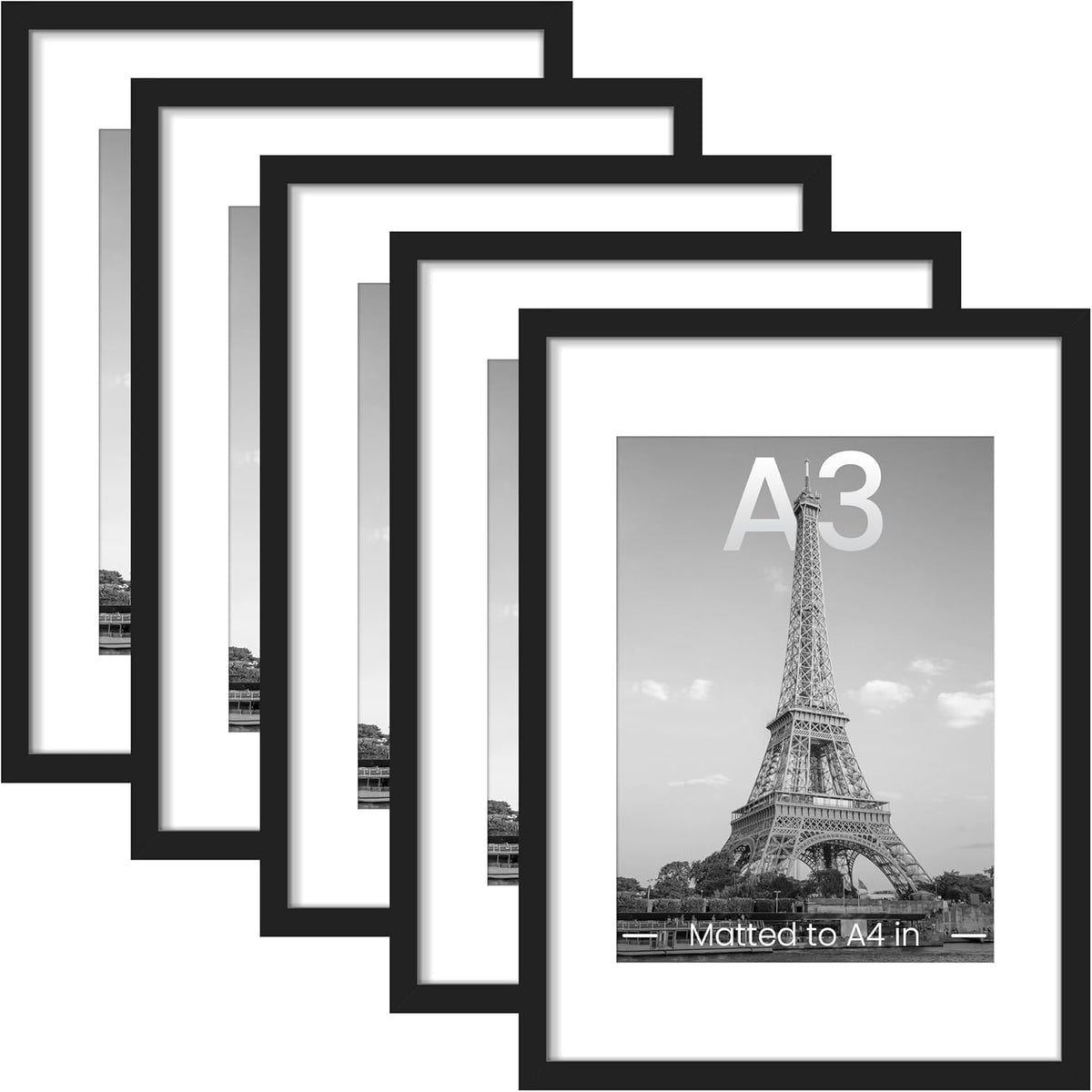 upsimples 11x14 Picture Frame Set of 5, Display Pictures 8x10 with Mat or 11x14 Without Mat, Wall Gallery Photo Frames, Black