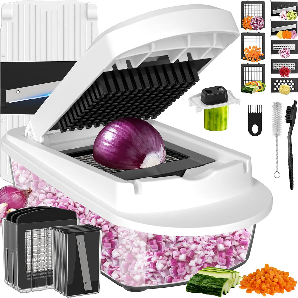 8 Blade All-in-1 Vegetable Chopper Mandoline Slicer with Container, Food Chopper, Onion Chopper, Veggie Cutter for Salad, Kitchen Gadgets Accessories Essentials, White